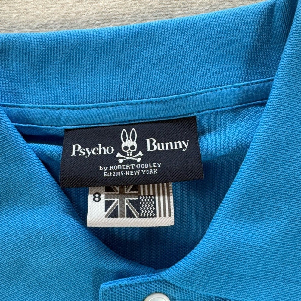 Psycho Bunny Blue Pima Cottom Polo size 8 Pink Camo Bunny Embroidered - Picture 6 of 7